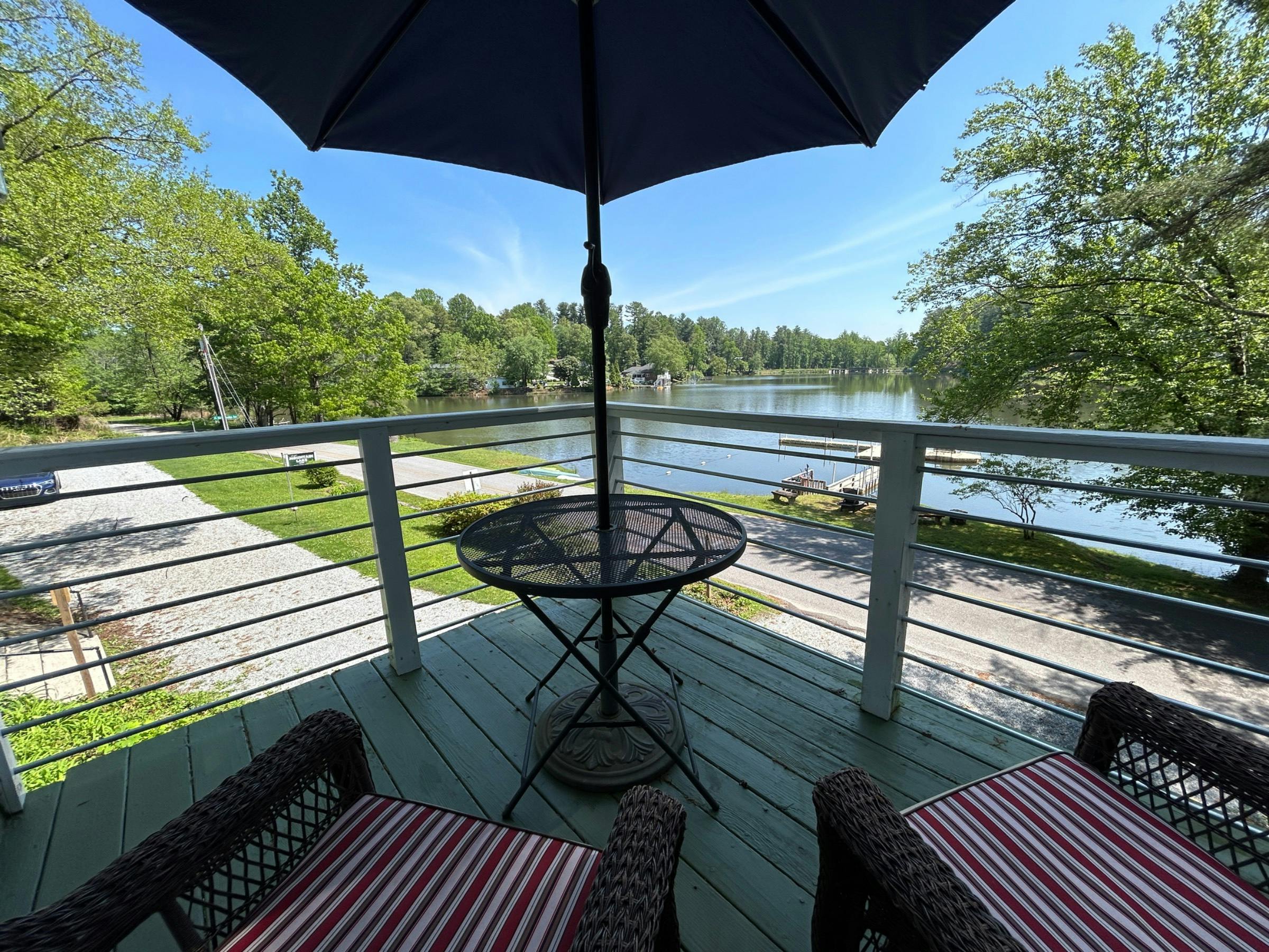 View from your own deck with 2 comfy chairs and an umbrella if needed 